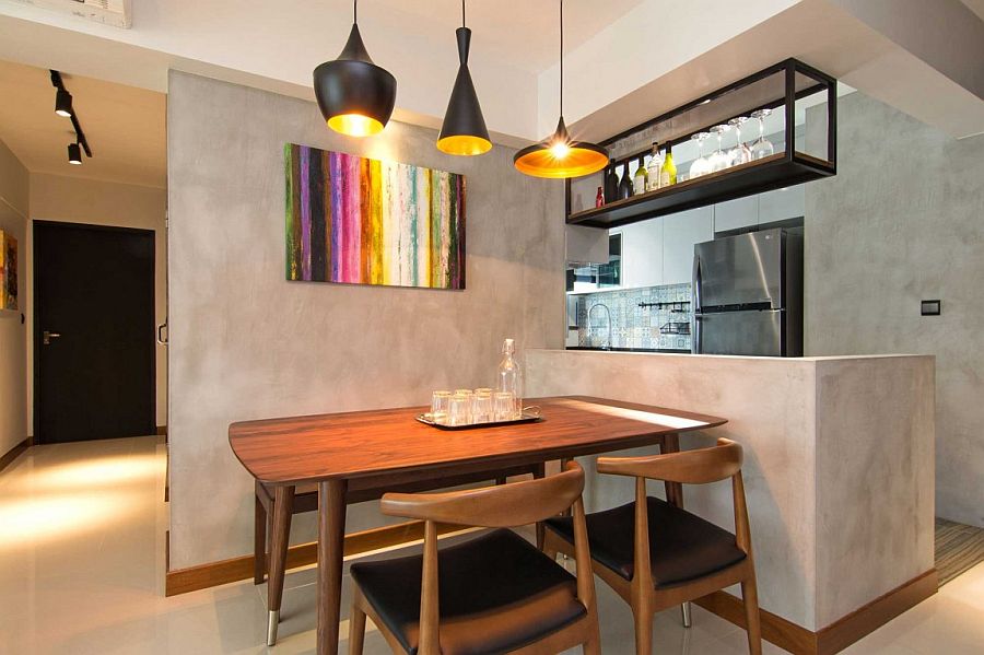 Small dining nook next to the kitchen with smart lighting