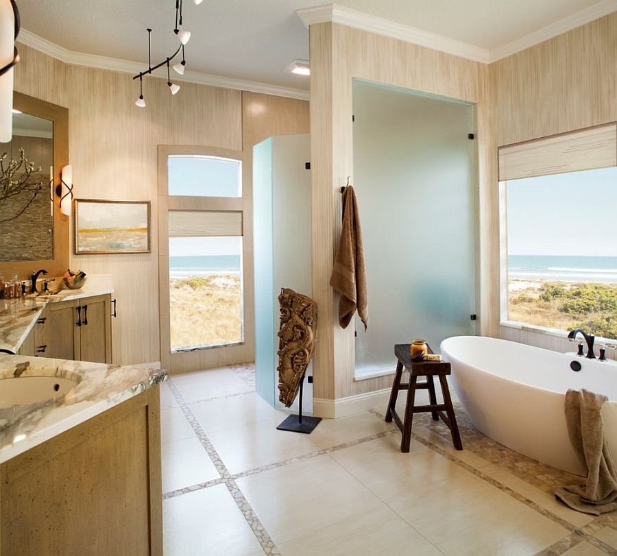Soaking bathtub and shower shape a fabulous, spa-styled bath [Design: H. Stern Interiors]