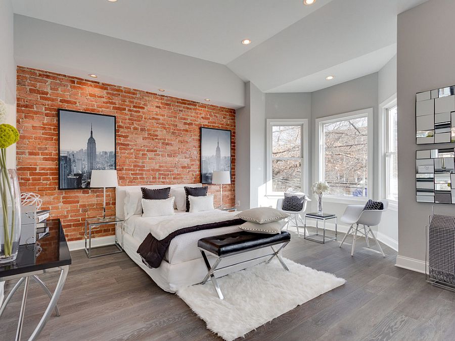 Sophisticated way to use exposed brick in your bedroom [Design: Porcelanosa USA]