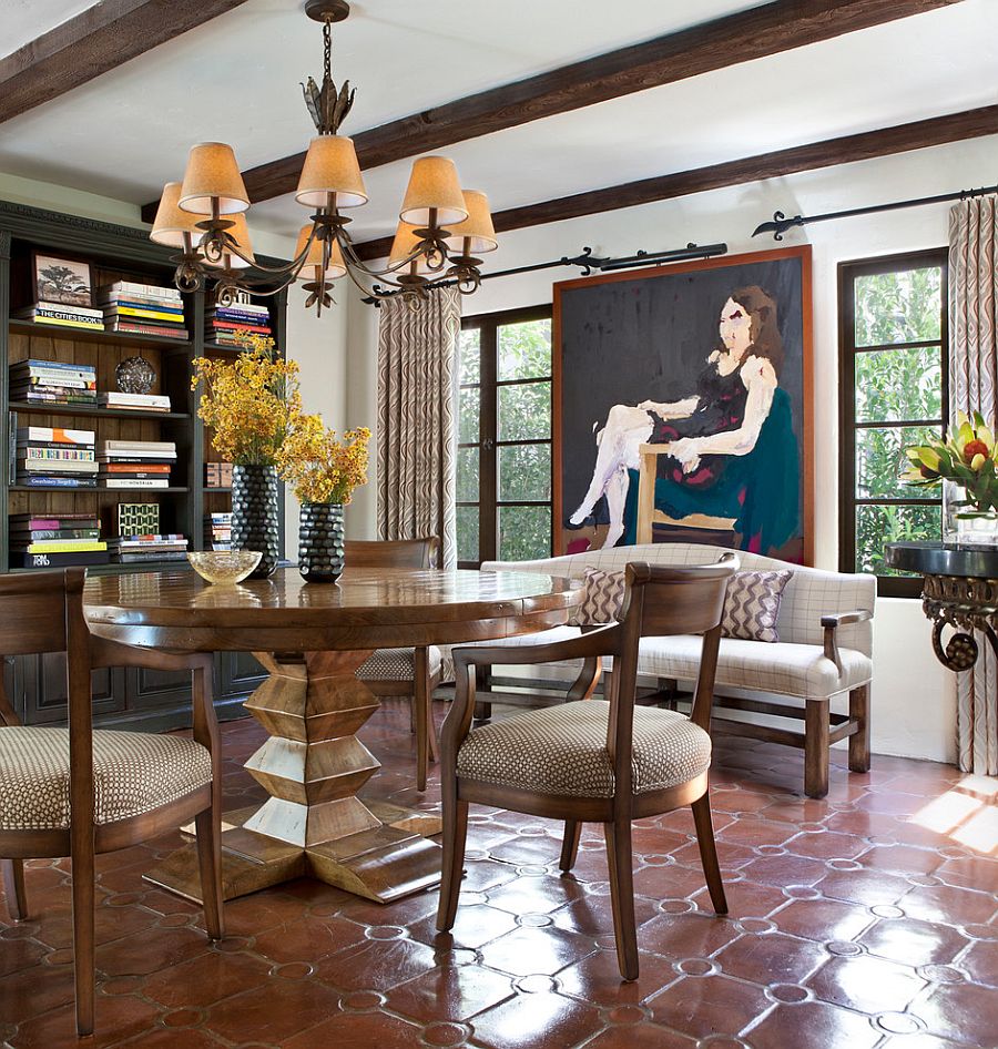 Spanish colonial dining room with sparkling terracotta tiles