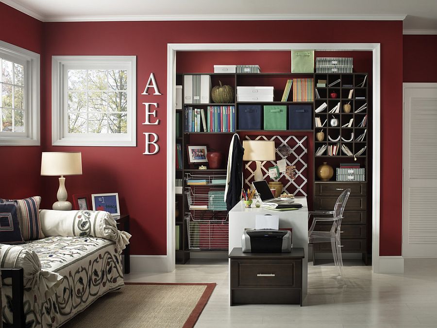 Sparkling Contemporary Home Office With White Trims And Maroon Walls 