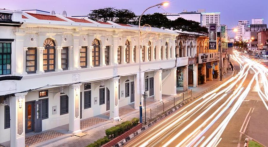 Street view of the iconic, historic hotel in Penang