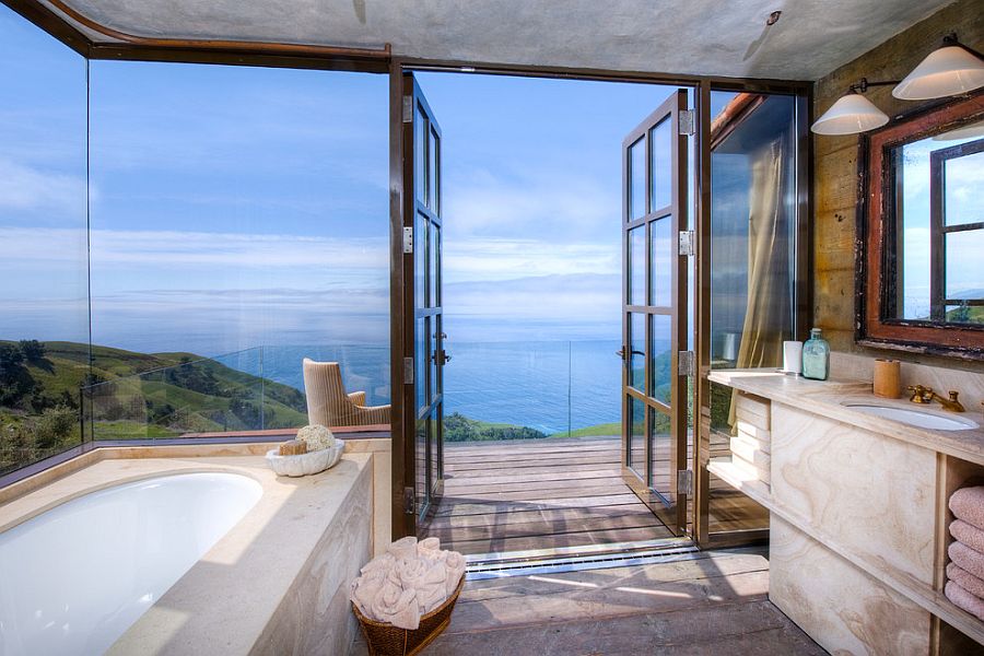 Stunning Tuscan style bathroom overlooks the mesmerizing Big Sur coastline