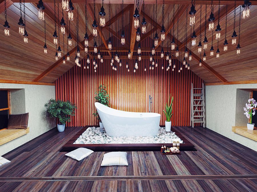 Stunning industrial lighting and reclaimed wood flooring in the Asian bathroom [Design: OTM Designs & Remodeling]