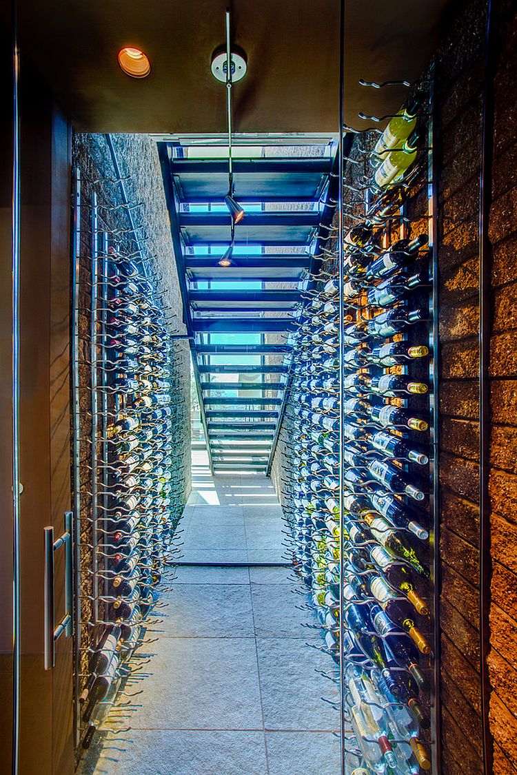 Stunning wine cellar in glass under the staircase