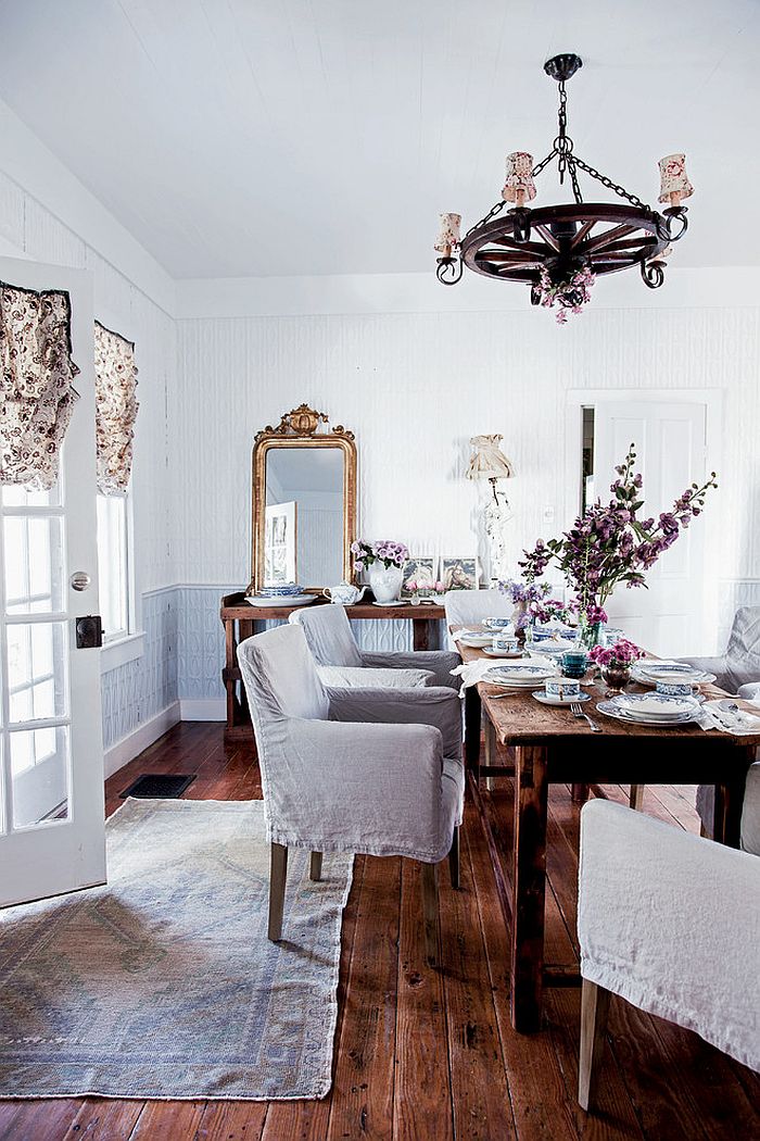 Subtle pops of color and flowery patterns are perfect for the shabby chic dining room with feminine vibe [Photography: Amy Neunsinger]