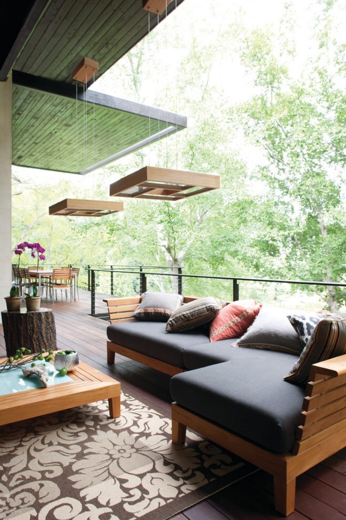 Suspended lighting enhances an outdoor deck