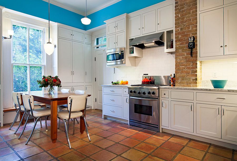 Terra-cotta tiles make their presence felt in the Victorian kitchen