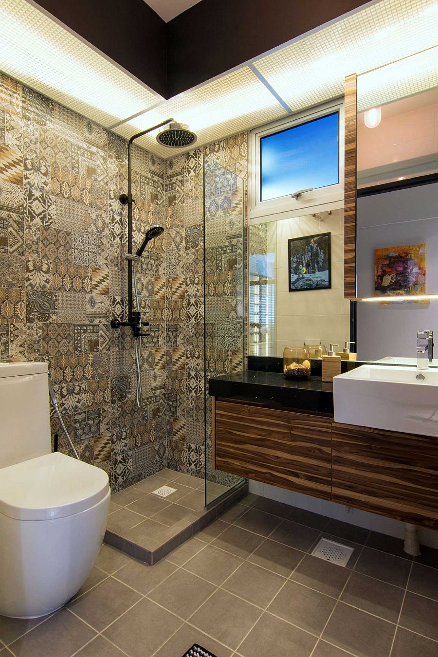 Tiles bring pattern and color to shower area in the bathroom