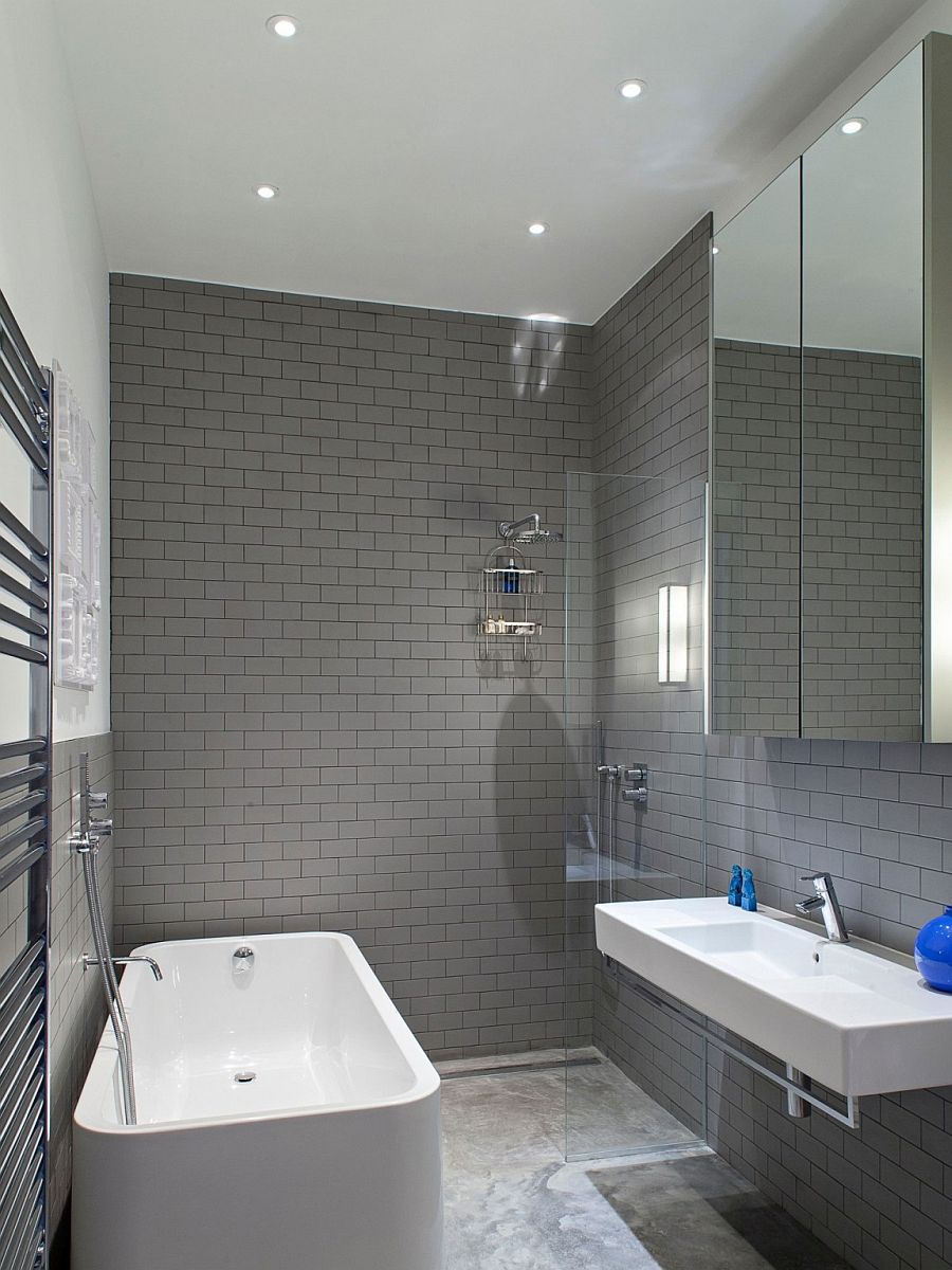 Tiles in gray give the modern bathroom a relaxing ambiance