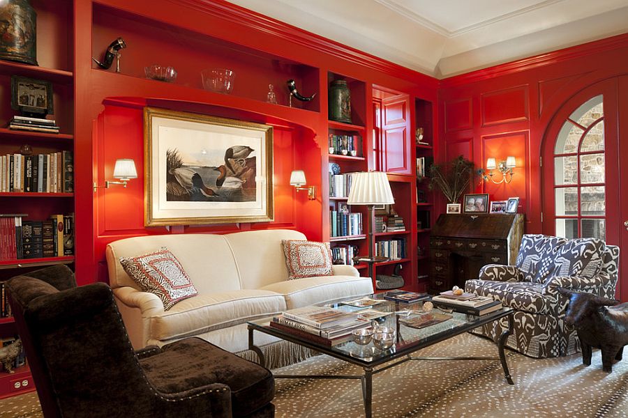 Traditional home office with a glossy sheen of red