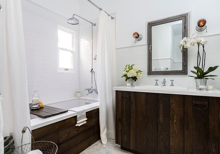 Transitional bathroom with fabulous use of reclaimed wood