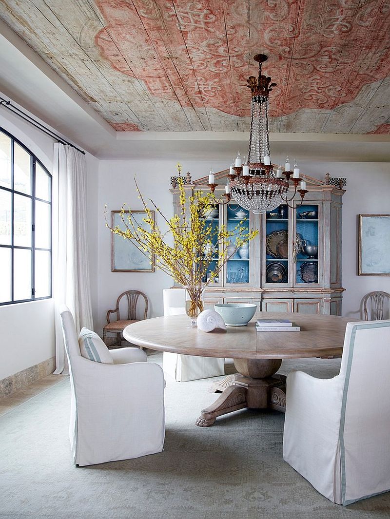 Turn to the ceiling to bring excitement to the shabby chic dining room