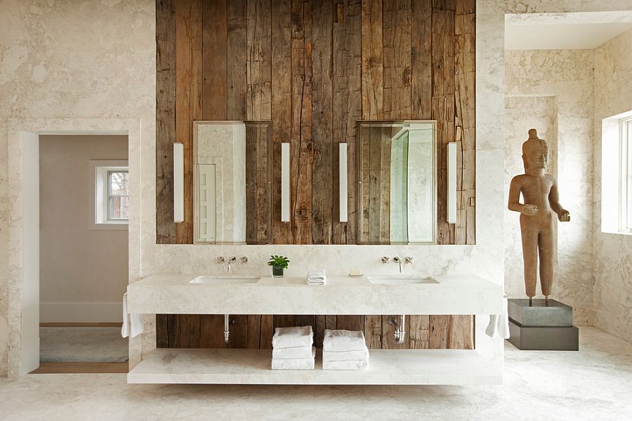 Vintage wooden accent wall in the soothing, rustic bathroom [Design: Frank de Biasi Interiors]