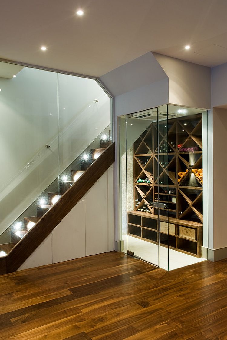 Walnut veneer wine boxes inside the contemporary wine cellar