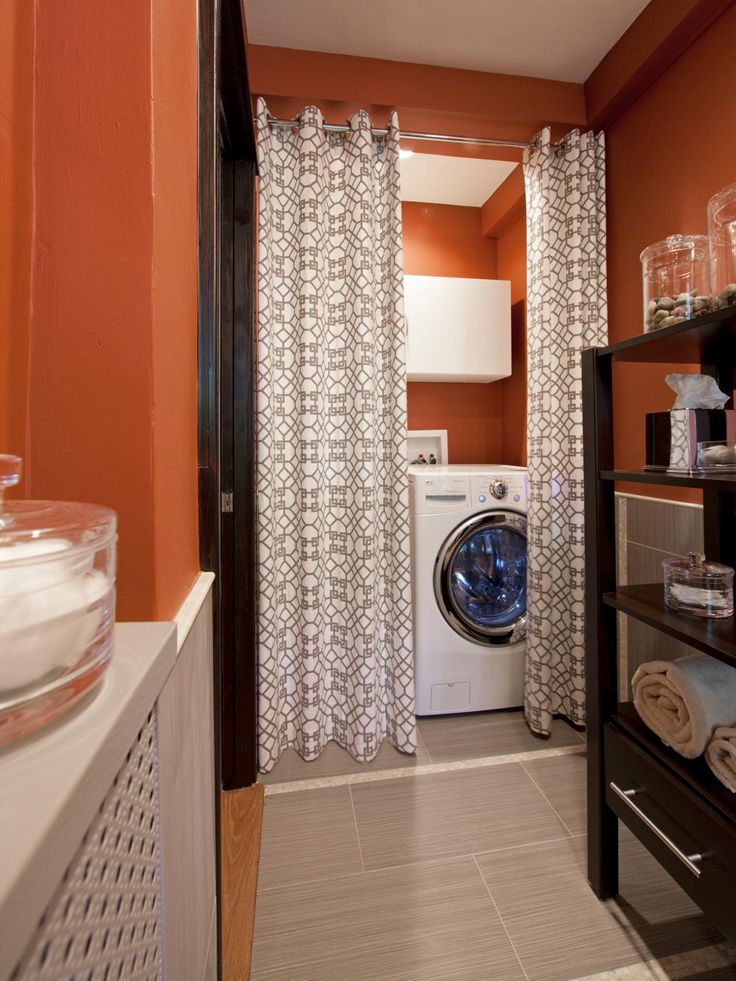 Washer and dryer hidden behind a great looking curtain