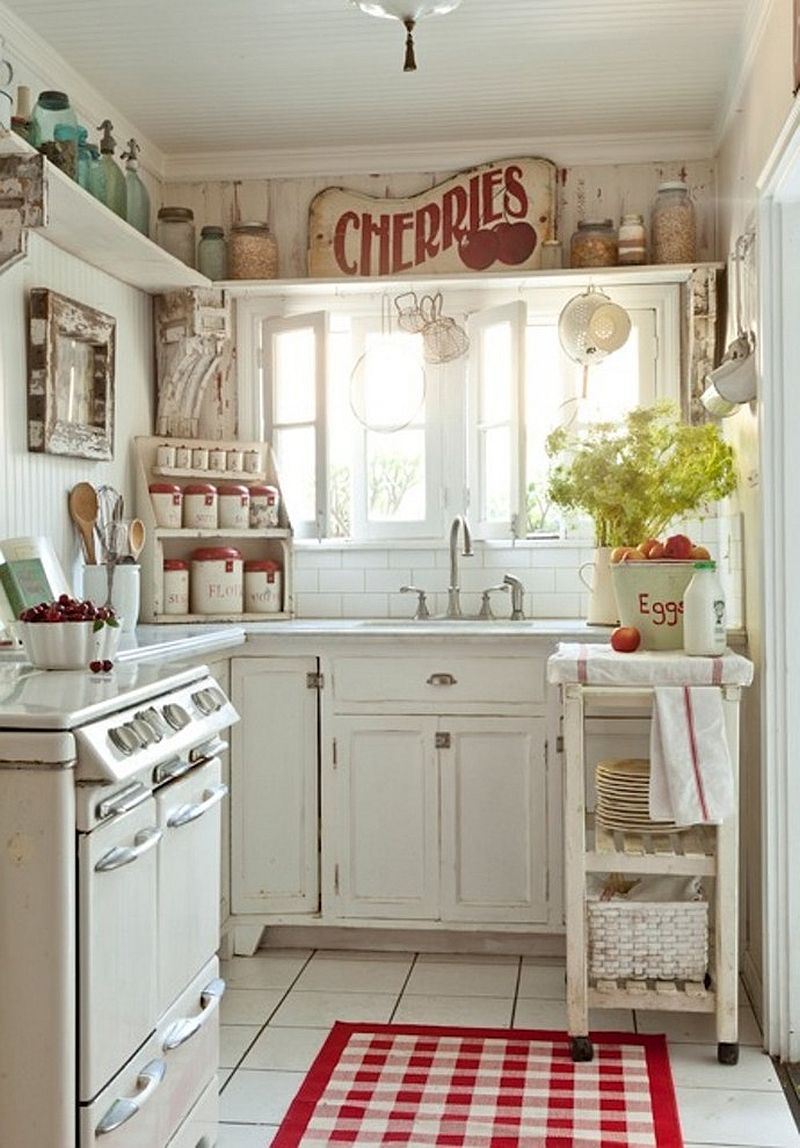 White cottage shabby chic kitchen with pops of red