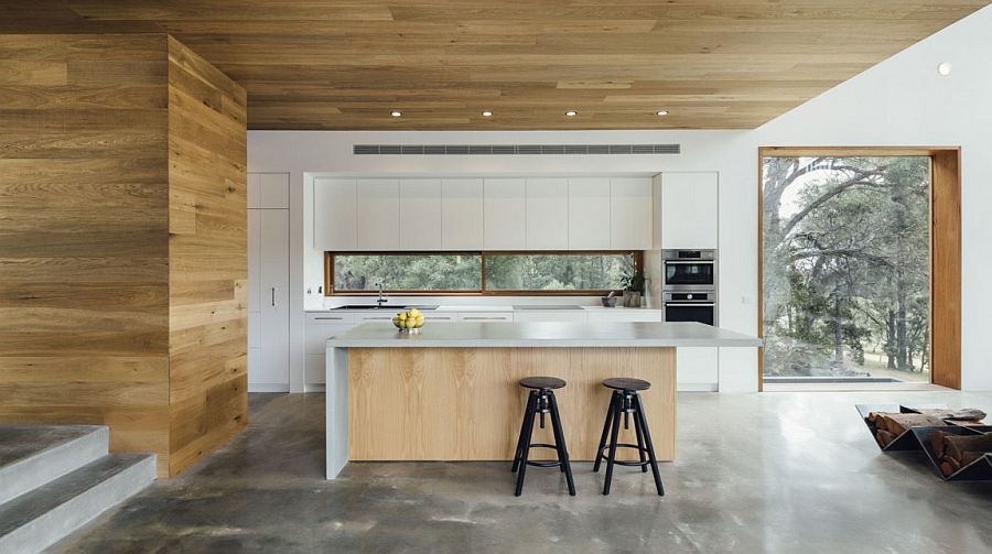 Wooden cladding creates a smart visual in the contemporary kitchen