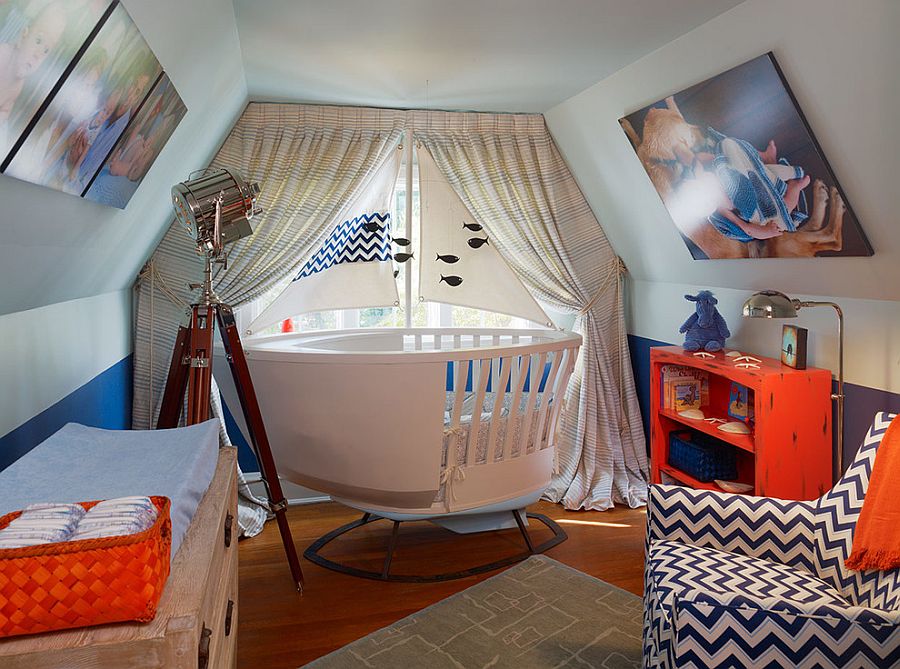 A dash of orange brings playful elegance to the small nursery [From: AMW Design]