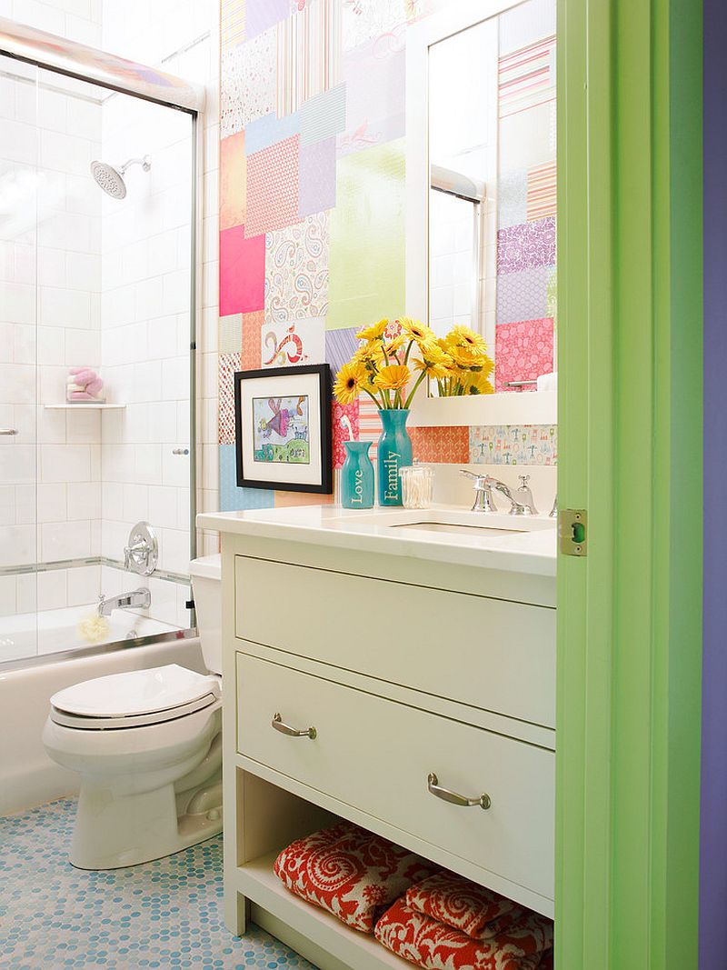 A patchwork of different wallpapers adds color to the kids' bathroom