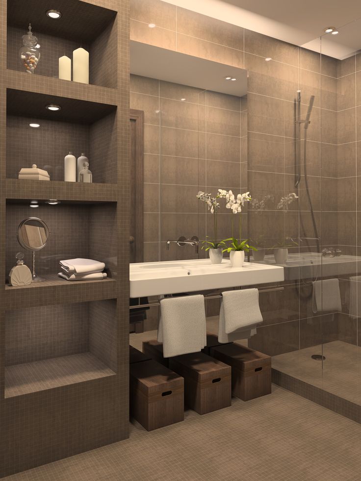 Bathroom with gray tiled shelving