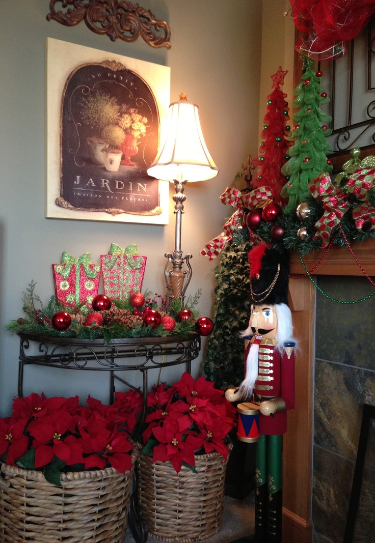 Big wicker baskets filled with poinsettias