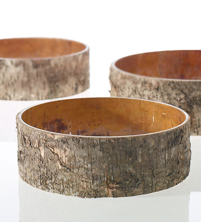 Birch bark-wrapped bowls from Etsy shop Fashion Silk Flowers