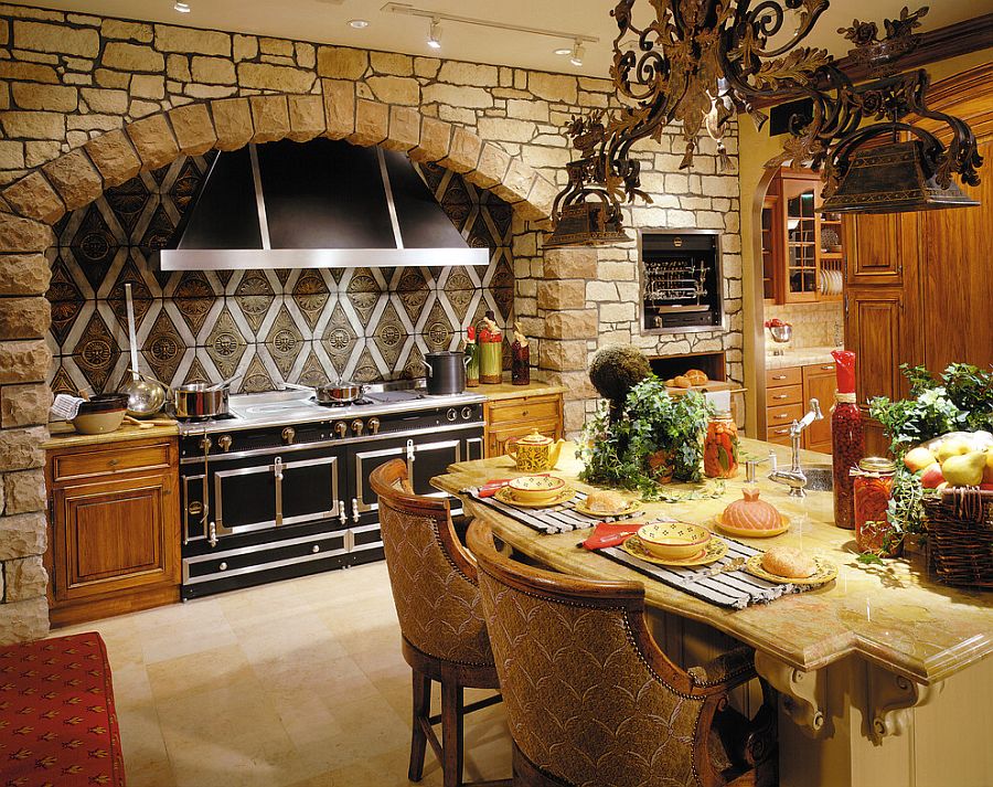 Black kitchen range and hood make for a dramatic focal point