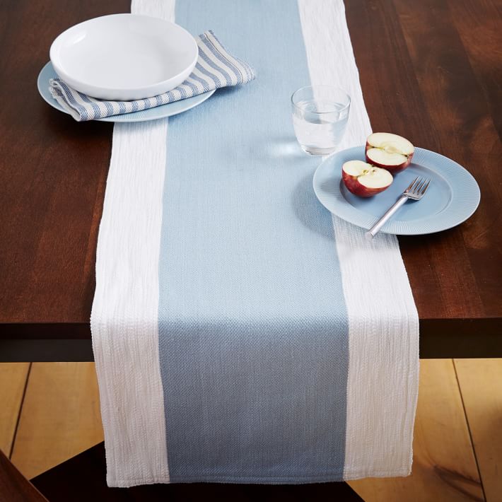 Blue and white dining table runner from West Elm