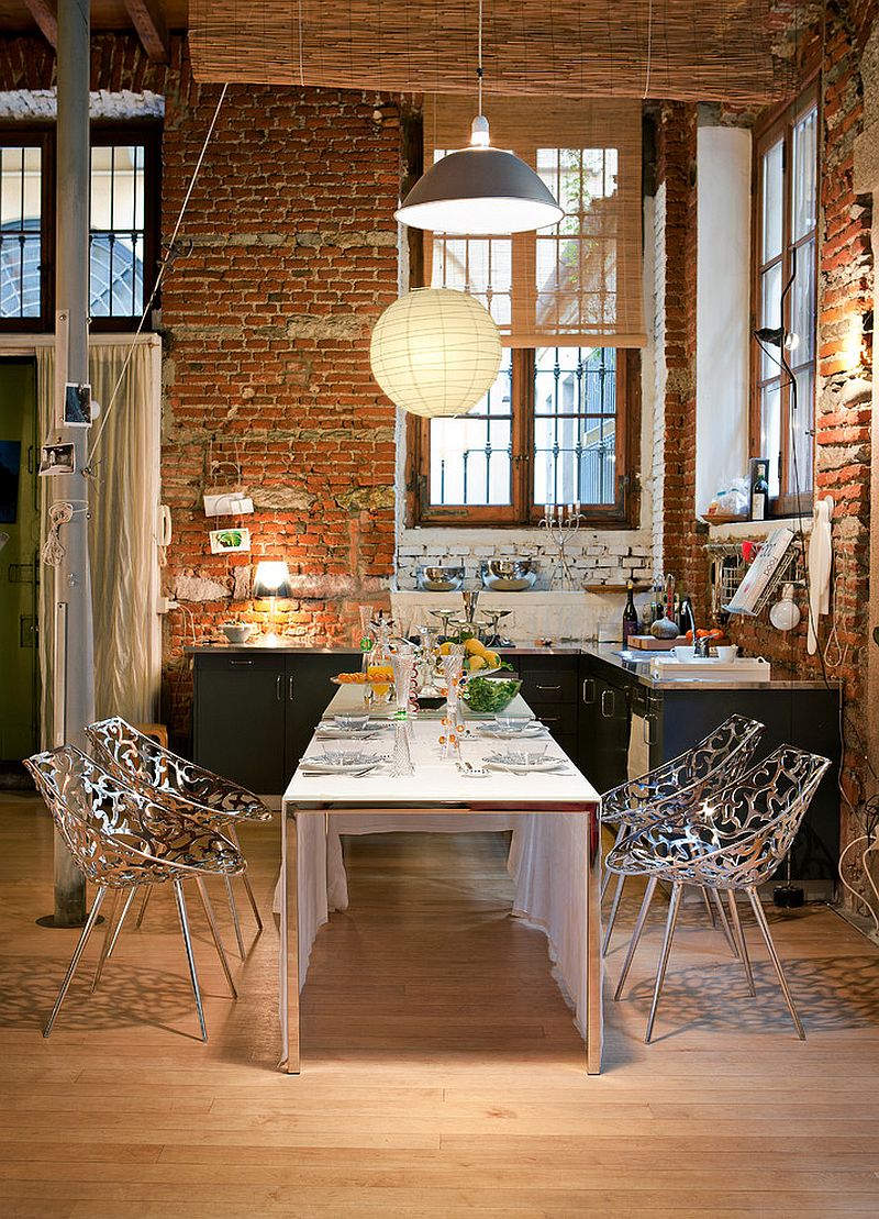 Brick wall in the kitchen becomes a part of the dining room visual