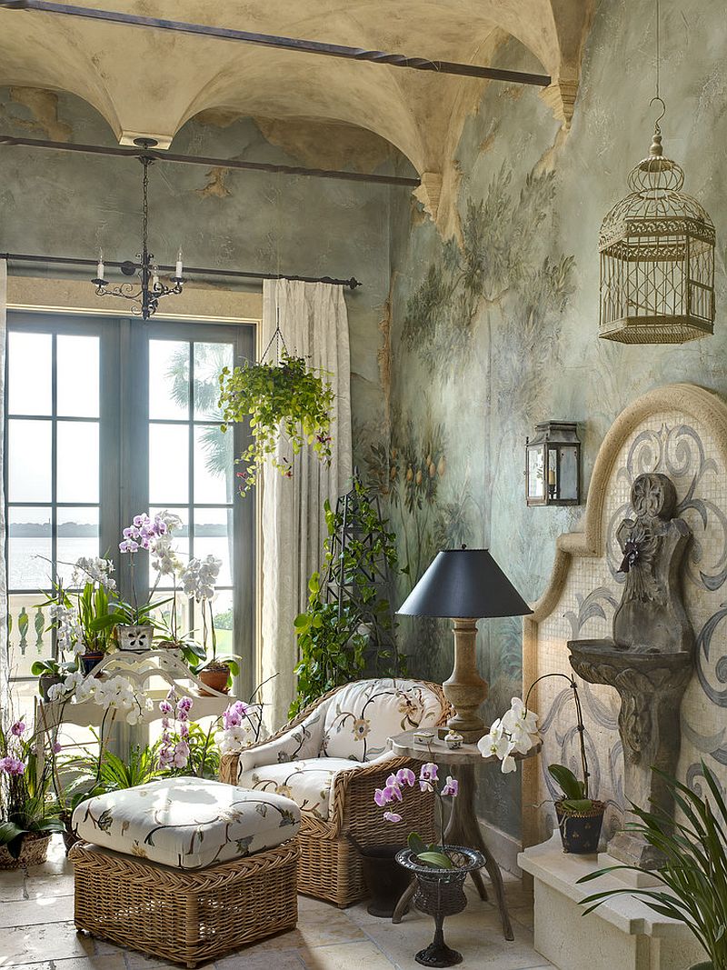 Ceiling, greenery and classy decor shape the exquisite sunroom [Design: O'Guin Decorative Finishes]