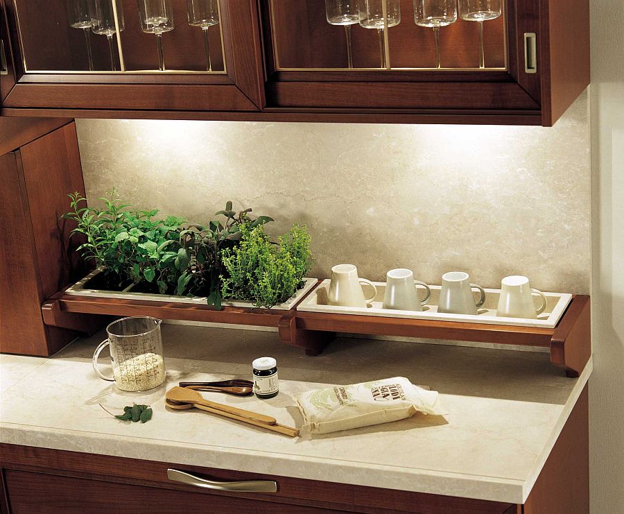 Clever under-cabinet lighting illuminates the worktop