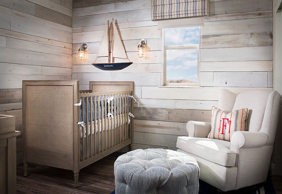 Comfy nursery with woodsy walls and budget decorations