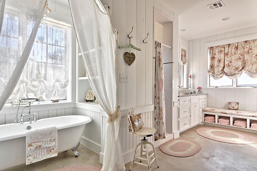 Comfy shabby chic bathroom in white with claw-foot bathtub [Design: Schmidt Custom Homes]