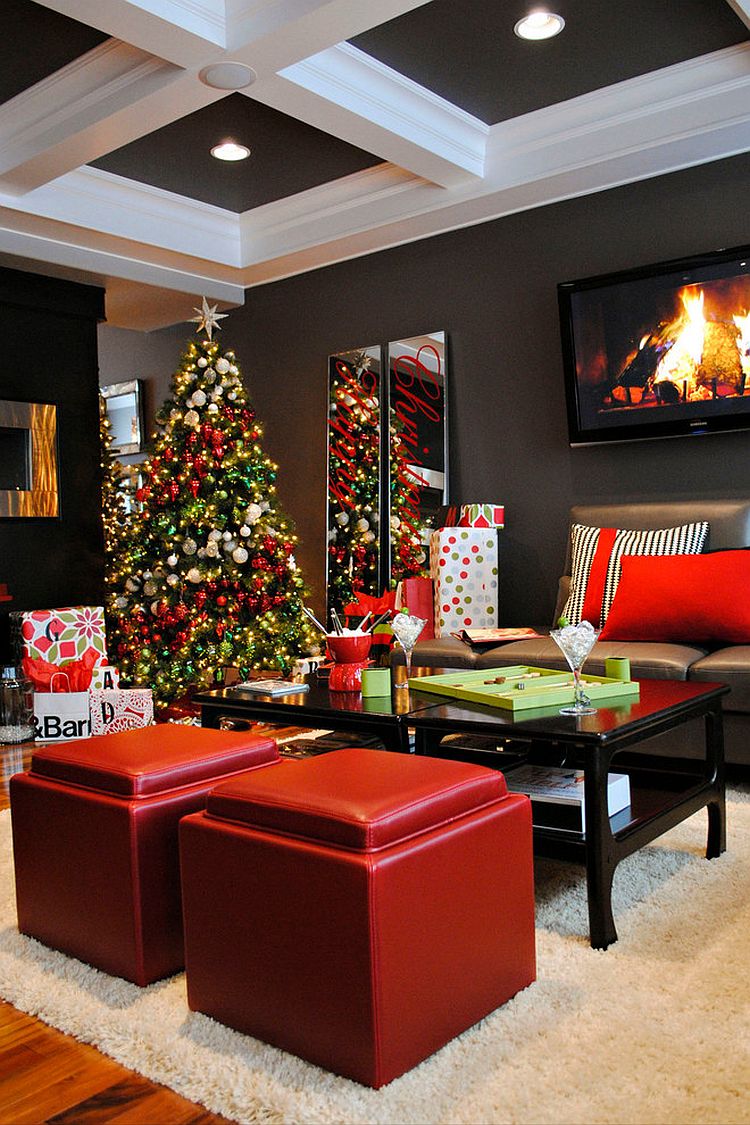 Contemporary living room in black, red and gray with festive charm [Design: AMR Interior Design & Drafting]