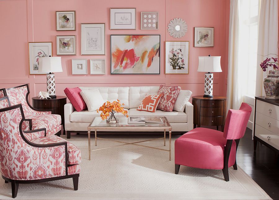 Coral crush in the backdrop gives the small living area a glamorous makeover [Design: Ethan Allen]