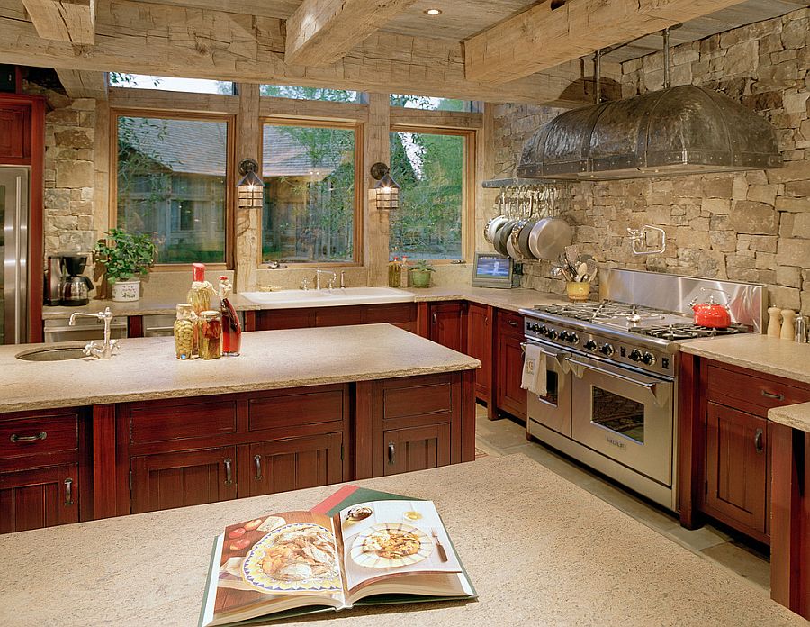 kitchen with rock wall