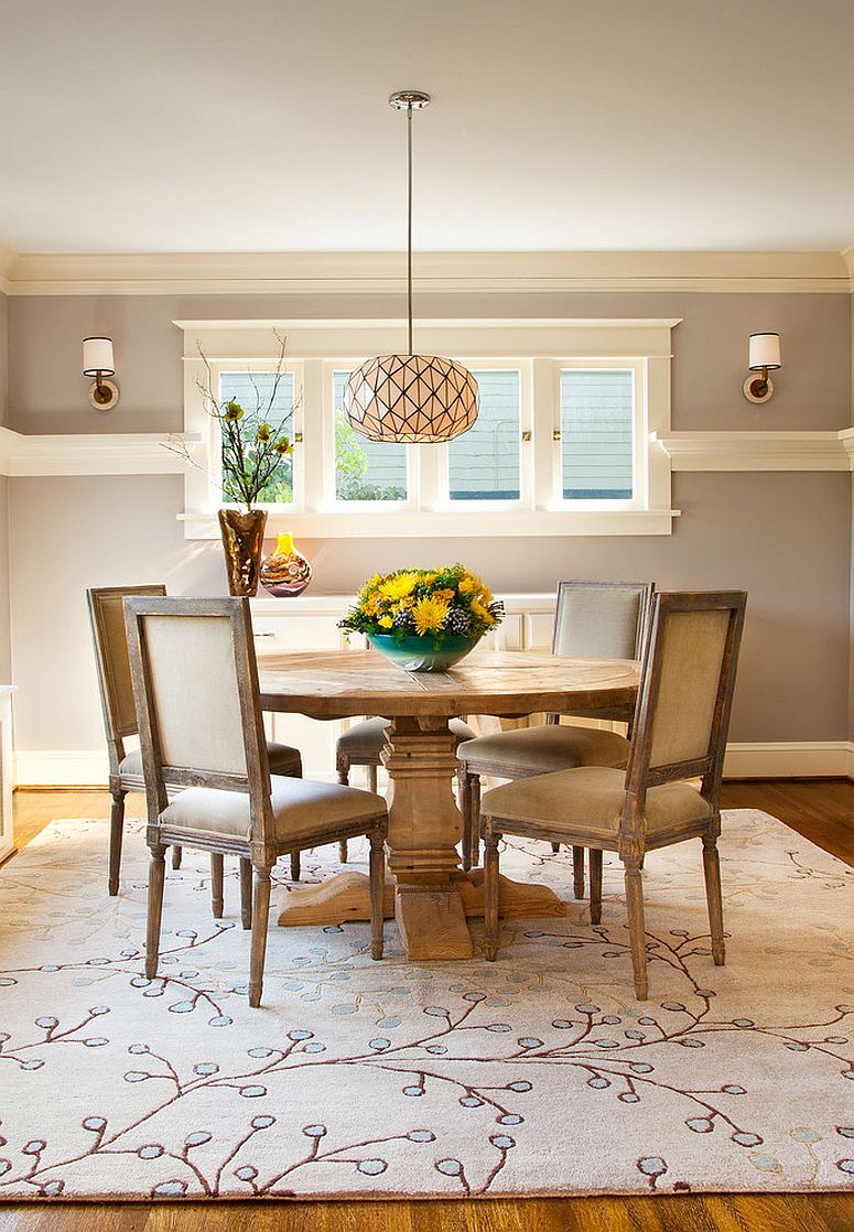 Craftsman style dining room with a gorgeous area rug [Design: Garrison Hullinger Interior Design]