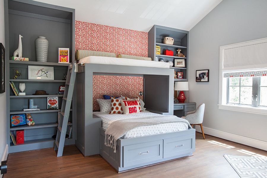 Custom bed and shelves for the boys' bedroom in cool gray [Design: Laura U]