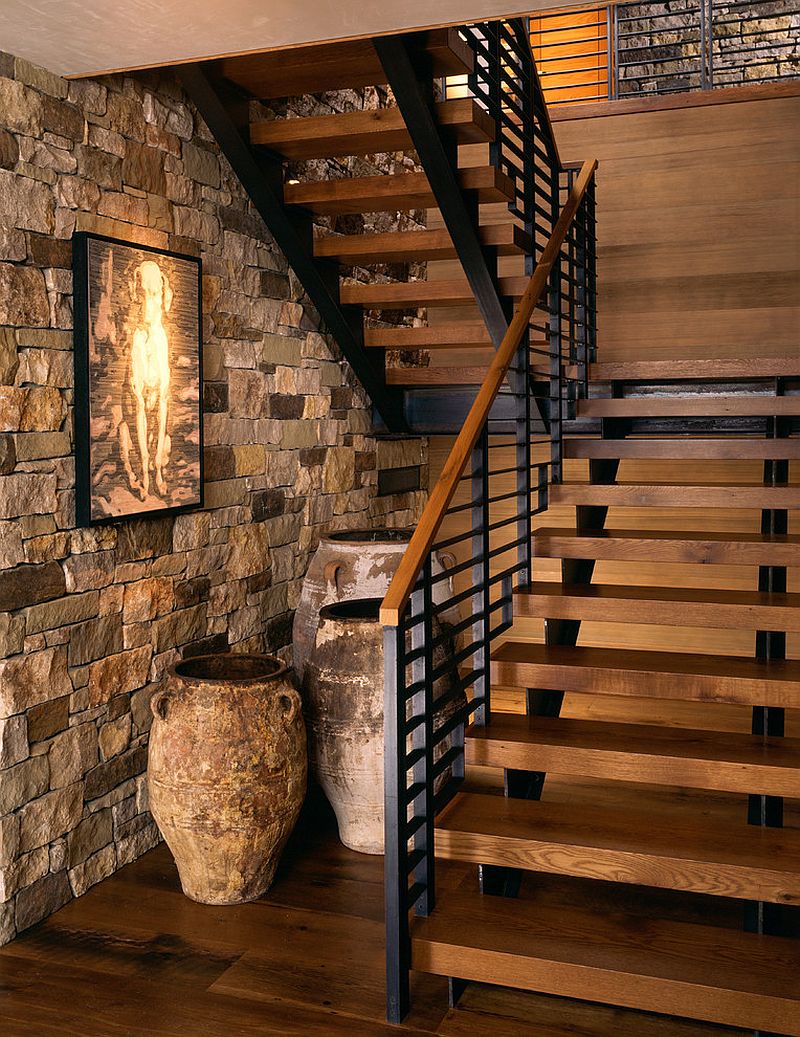 Custom designed staircase with steel railing for the rustic mountain holiday home