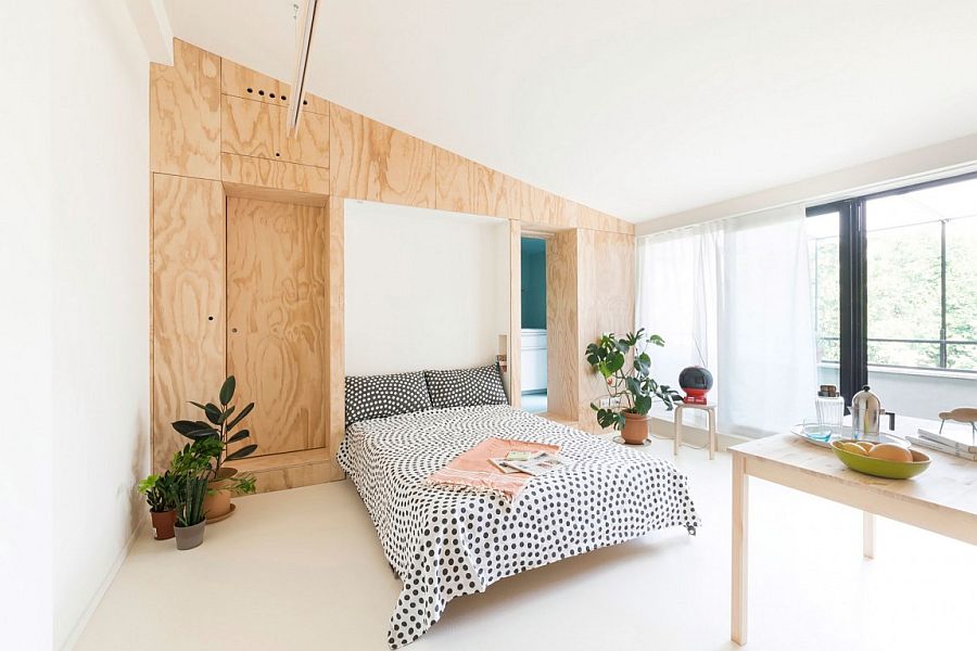 Custom plywood wall unit hides bathroom, murphy bed and kitchen