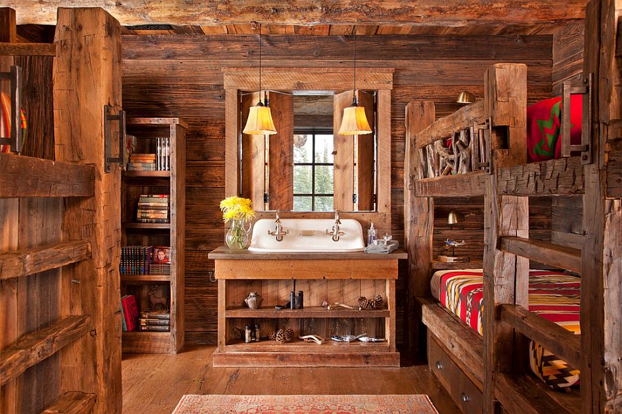 Custom rustic bunkhouse design with a sink and ample shelf space