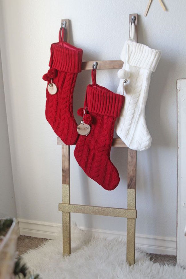 DIY ladder to hang Christmas stockings