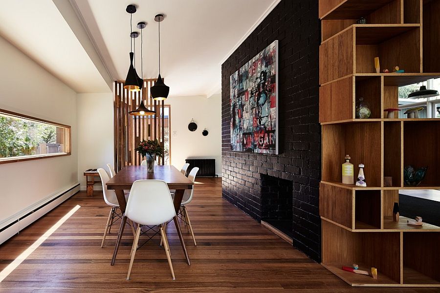 grey brick wallpaper dining room