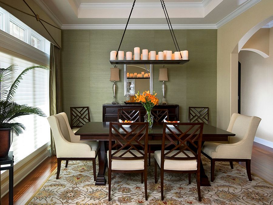 Dining room takes it color scheme and cue from the lovely rug [Design: Montgomery County Interior Designer]