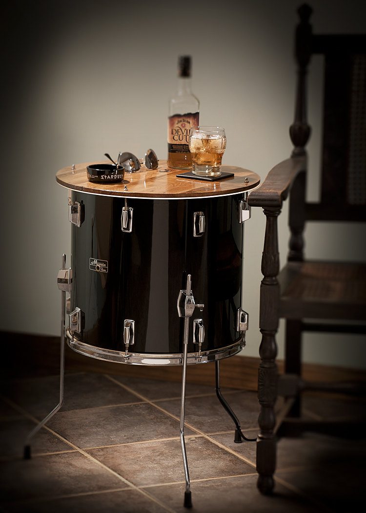 Drum repurposed as a side table
