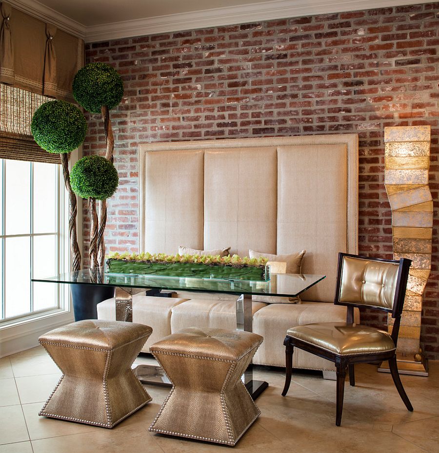 Exquisite contemporary dining room dazzles with custom banquette, decor and a pinch of greenery