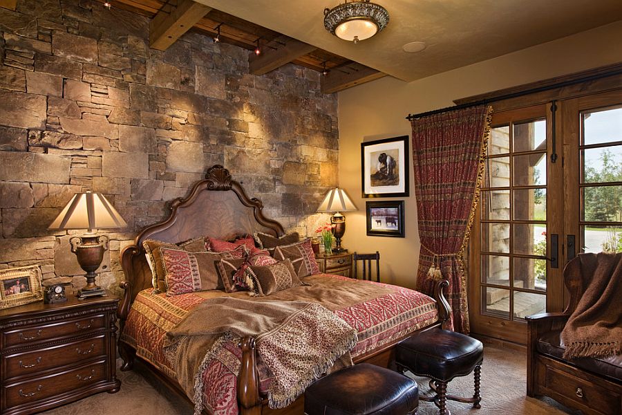 Bedroom with stone accent wall