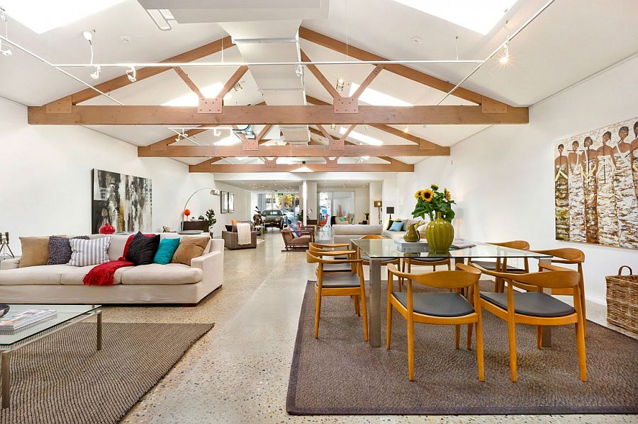 Fabulous use of skylights ushers in a stream of natural light into the revamped warehouse home