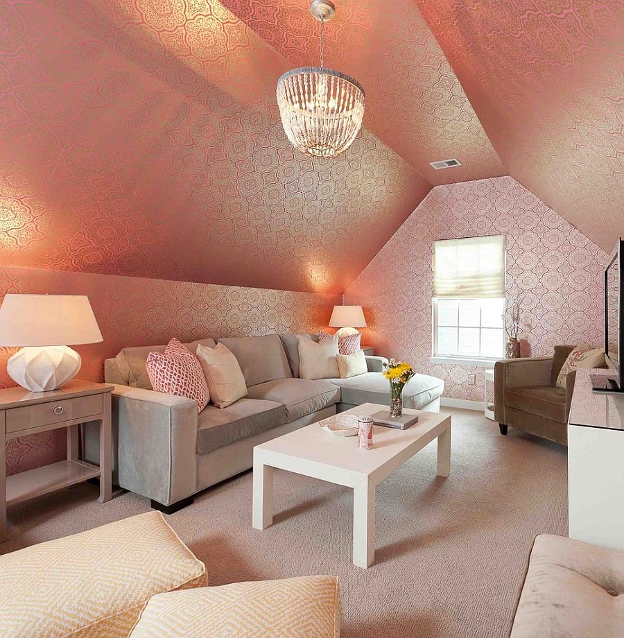 Family room with stunning use of pink wallpaper [Design: Heather ODonovan Interior Design]